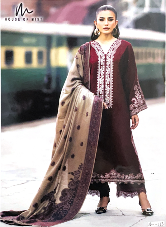 Attire by Aasia – Maroon Majesty Printed Luxury Lawn Suit